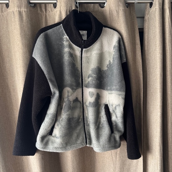 Found Jackets & Blazers - Found Free People Black and Gray Fleece Jacket with HORSE Print